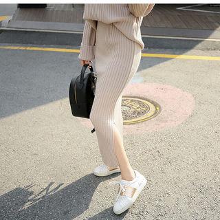 Set: Mock-neck Rib-knit Top + Knit Skirt