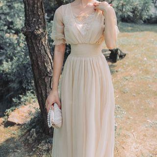 Puff-sleeve Lace Paneled A-line Midi Dress