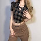 Short-sleeve Plaid Lace-up Crop Top