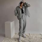 Set: Waffle Loose-fit Hooded Jacket + Jogger Pants Gray - One Size