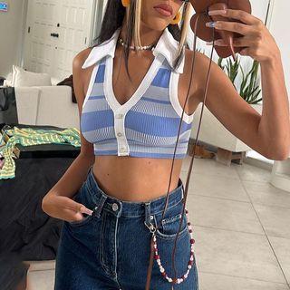 V-neck Polo Striped Sleeveless Crop Top