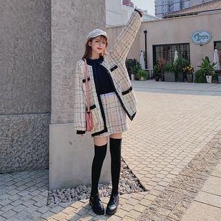 Tweed Contrast-trim Jacket / Mini Fitted Skirt / Set