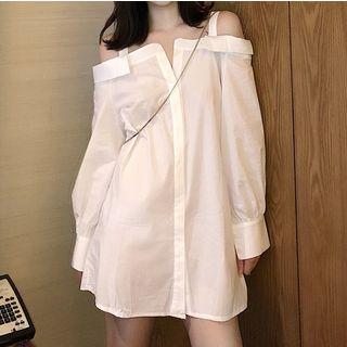 Cutaway-shoulder Long-sleeve Long Shirt