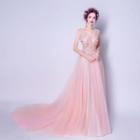 Flower Applique Trained Evening Gown