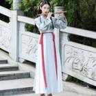 Set: Long-sleeve Printed Hanfu Top + Maxi Skirt