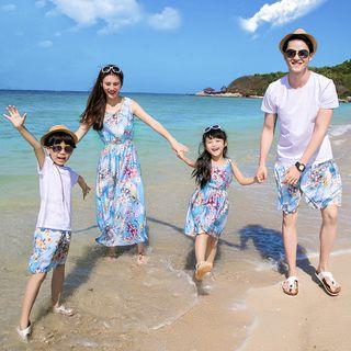 Family Matching Set: Short-sleeve T-shirt + Shorts / Sleeveless A-line Maxi Dress