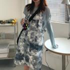 Long-sleeve Cold Shoulder Sheer T-shirt / Tie-dye Print Pinafore Dress