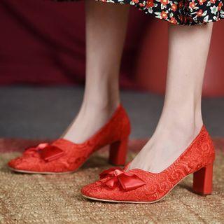 Pointed Block Heel Lace Bow Pumps