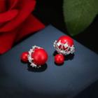 925 Sterling Silver Rhinestone Bead Through & Through Earring 1 Pair - Silver & Red - One Size