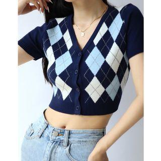 Short-sleeve V-neck Argyle Knit Top As Figure - One Size