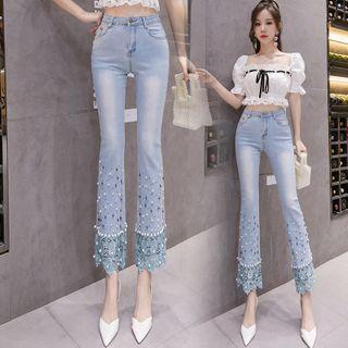 Lace Trim Beaded Boot-cut Jeans