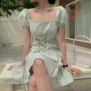 Short-sleeve Square Neck Lace-up A-line Dress
