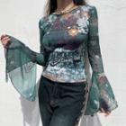 Print Flared-cuff Long Sleeve Top
