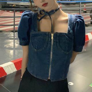 Square-neck Puff-sleeve Cropped Blouse Dark Blue - One Size