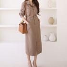 Long-sleeve Contrast Trim Slit Dress