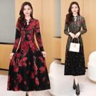 Long-sleeve Frog-button Floral Midi A-line Dress