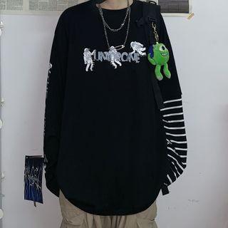 Long-sleeve Stripe Panel Lettering T-shirt