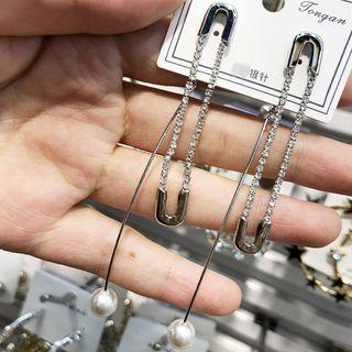 Alloy Faux Pearl Rhinestone Safety Pin Dangle Earring As Shown In Figure - One Size