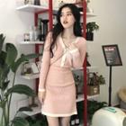 Set: Contrast-trim Cardigan + Mini A-line Knit Skirt