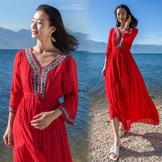 Patterned 3/4-sleeve Midi Sun Dress