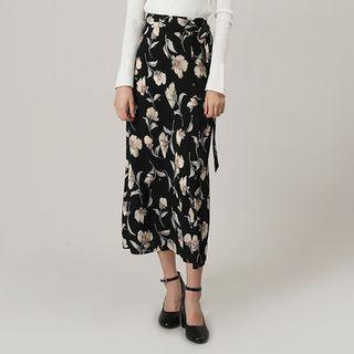 Tie-waist Flower Pattern Long Skirt