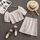 Set: Balloon-sleeve Printed Cropped Blouse + A-line Skirt