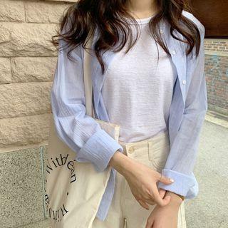 Drop-shoulder Pocket-front Blouse Sky Blue - One Size