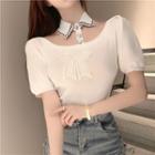 Short-sleeve Beaded Bow Cold-shoulder Knit Top