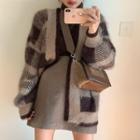 Plaid Open Front Cardigan / Mini A-line Skirt / Turtleneck Long-sleeve T-shirt