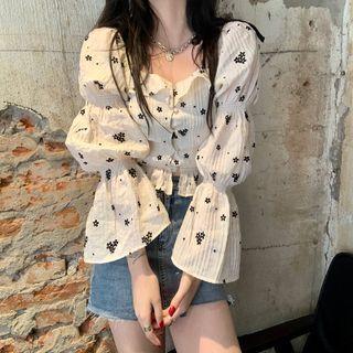 Long-sleeve Floral Print Frill Trim Crop Top Floral - Off-white - One Size