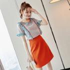 Set: Ruffled Patterned Short-sleeve Top + Mini A-line Skirt