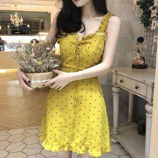 Dotted Ruffle Trim Spaghetti Strap Mini A-line Dress