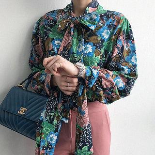 Tie-neck Floral Pattern Shirt