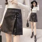 Faux-leather Lace-up Front A-line Skirt