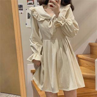 Ruffle Trim Tie-neck Mini A-line Dress / Padded Jacket