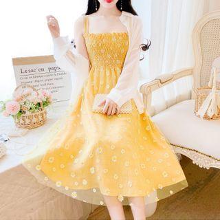 Set: Long-sleeve Sheer Shirt + Spaghetti Strap Floral Print A-line Midi Dress