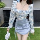 Square-neck Floral Chiffon Top / Drawstring Semi Skirt