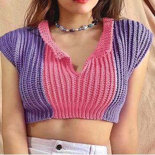 Cap-sleeve V-neck Knit Crop Top