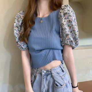 Puff-sleeve Floral Print Knit Top