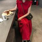 Ruffle Trim Sleeveless Plain Dress Red - One Size