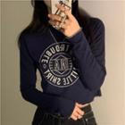 Round-neck Lettering Long-sleeve T-shirt Navy Blue - One Size