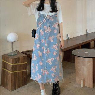 Spaghetti Strap Frayed Floral Print Denim Midi Dress