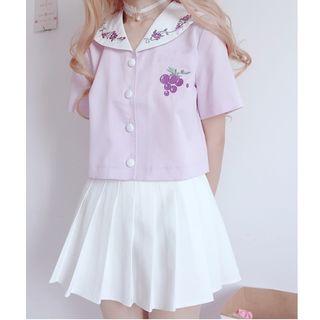 Short-sleeve Grape Embroidered Blouse / Pleated Skirt