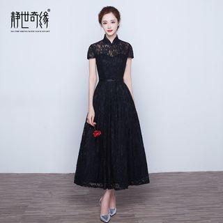 Cap-sleeve Mandarin Collar Midi Lace Evening Dress