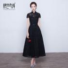 Cap-sleeve Mandarin Collar Midi Lace Evening Dress