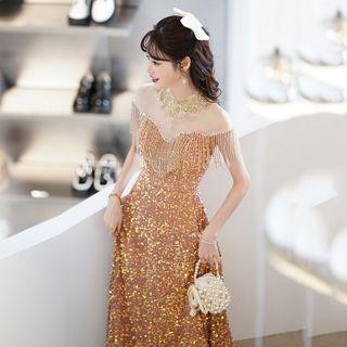 Fringed Sequined A-line Evening Gown