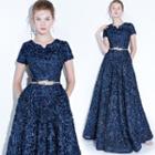 Short Sleeve Furry A-line Evening Gown