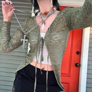 Long Sleeve Crochet Knit Tie-front Crop Light Cardigan