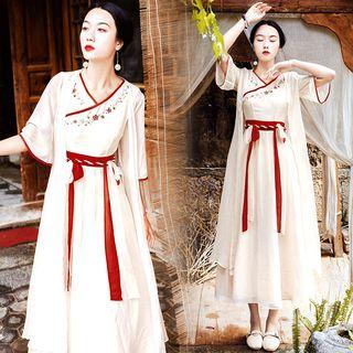 Set: Flower Embroidered Sleeveless Midi A-line Dress + Open Front Long Jacket