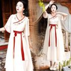 Set: Flower Embroidered Sleeveless Midi A-line Dress + Open Front Long Jacket